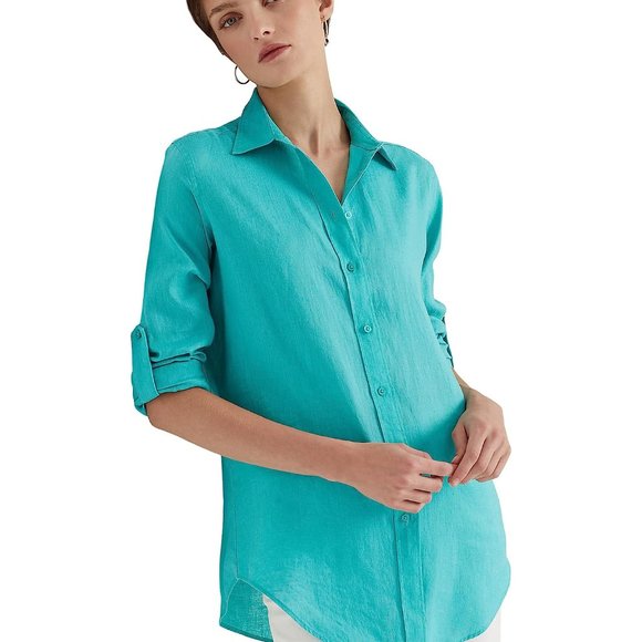 The LAUREN Ralph Lauren® Roll-Tab-Sleeve Aqua Blue Turquoise Linen Shirt - Picture 3 of 10